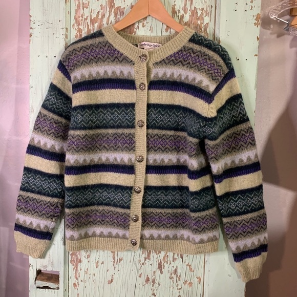 Women’s vintage Cambridge Spirit green striped button up wool cardigan sweater - Picture 1 of 5